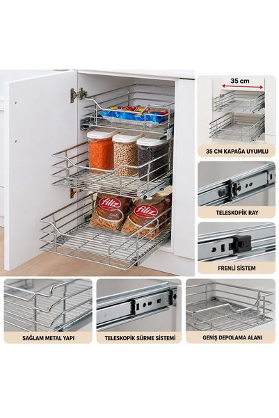 FREKANS Bağımsız Teleskopik Frenli Çekmece Sepeti 35 cm Kapağa Uyumlu 300x500x130 mm
