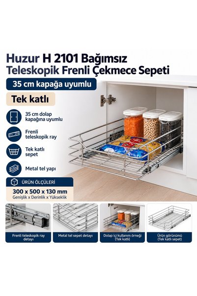 FREKANS Bağımsız Teleskopik Frenli Çekmece Sepeti 35 cm Kapağa Uyumlu 300x500x130 mm