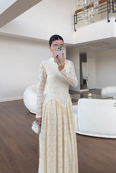 HAZELANNA Rochie maxi din dantelă ecru cu guler înalt și mâneci lungi