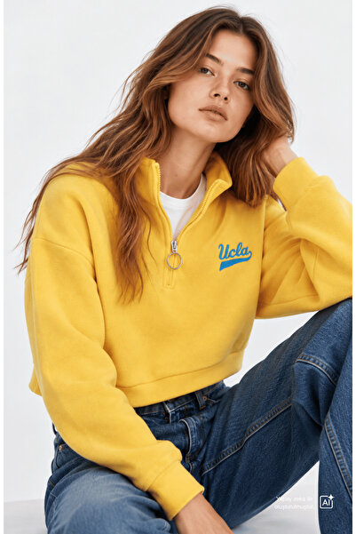UCLA HAPPY Жълта блуза с цип и бродерия за жени