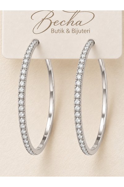 Becha Bijuteri Zircon Stone Plated Steel Hoop Earrings