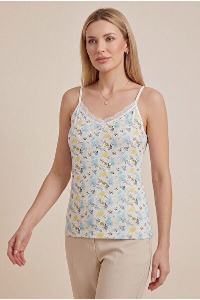 Modamorfo Floral Patterned Lace Strap Tank Top - Ecru