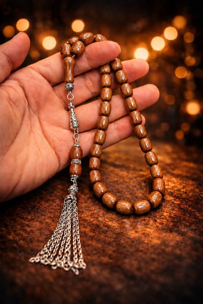 vevasilver Capsule Cut Beirut Drop Amber Prayer Beads, Tassel Handcrafted Rhodium Plated
