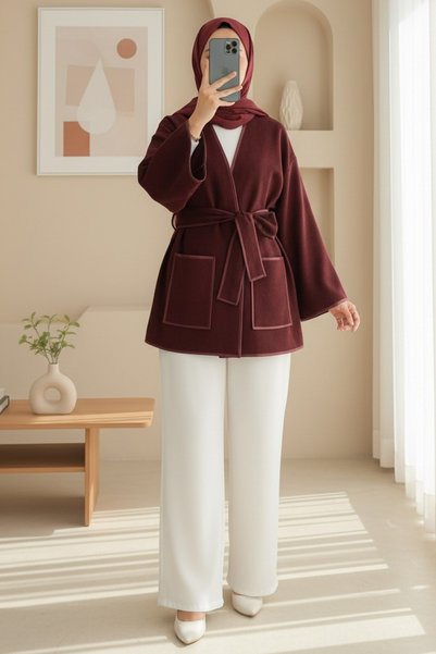Modamorfo Biye Detaylı çift Cepli Kuşaklı Kaşe Kimono -bordo