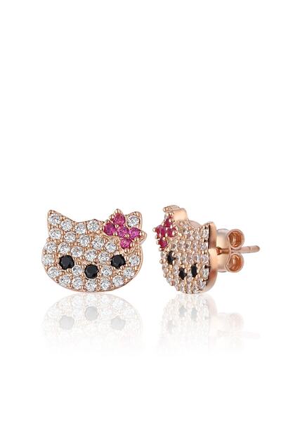 Zanaatsilver 925 Ayar Gümüş Rose Kaplamalı Zirkon Taşlı Kedi Modeli Küpe