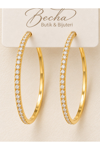 Becha Bijuteri Zircon Stone Plated Steel Hoop Earrings