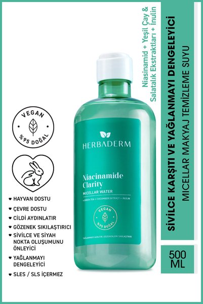 Herbaderm Niacinamide Clarity 500 ml - Anti-Oil and Balancing Micellar Makeup...