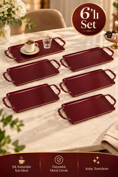 VENON 6 Pieces 🍒   Cherry Rot 🍒 Alara Presentation Tray Metal Tray with Handle | |   Coffee Presentation Tray Turkish Coffee Tray Tea Serving Tray Presentation Tray Guest Catering Tray Does Not Leave Handprints | |   El Kesmez | |   Service Tray