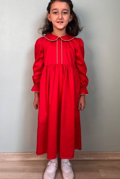 Masnu Çocuk Girl's Festive Red Cotton Poplin White Crochet Embroidered Midi Length October 29Th Special Occasion Dress