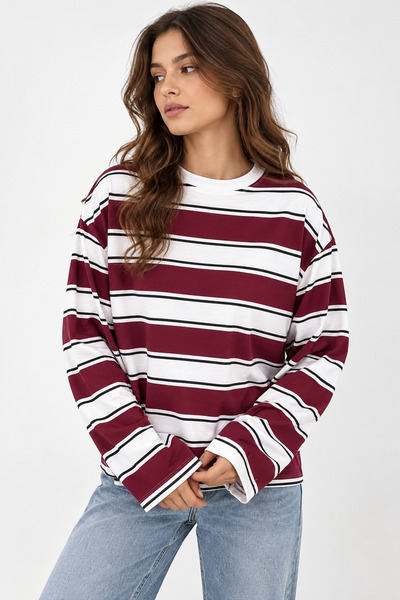 İLKCET MODA Striped Balloon Sleeve Oversize Women's Sweatshirt
