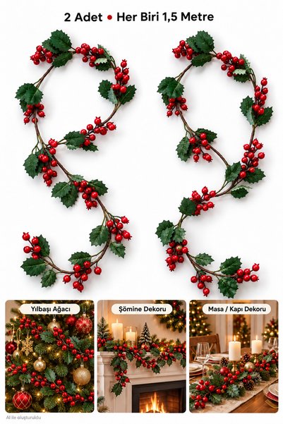 Yenigeldi 2 Pieces 1.5 Meters Ivy Uğur Kokina Red Berry Christmas Ornament Ne...
