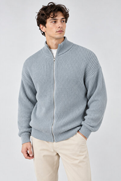 İLKCET MODA Fermuarlı Gri Premium Selanik Örgü Oversize Hırka