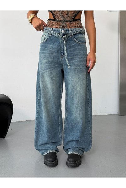 HerTon Women's Self-Tie Drawstring High Waist Wide Leg Jean Pants