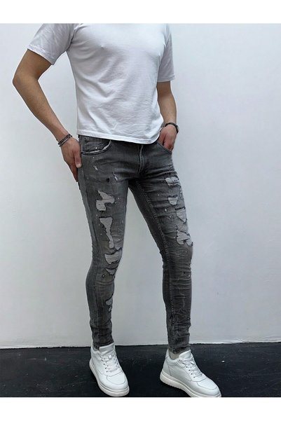 HerTon Men's Gray Washed Ripped Detail Slim Fit Lycra Skinny Jean Trousers