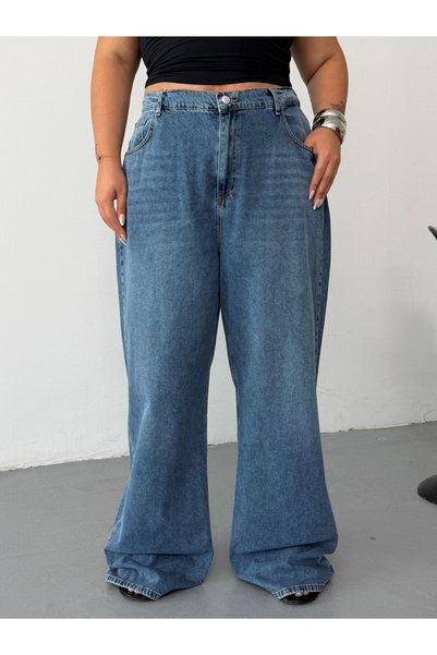 HerTon Women's Plus Size High Waist Elastic Back Waist Wide Leg Loose Fit Jeans