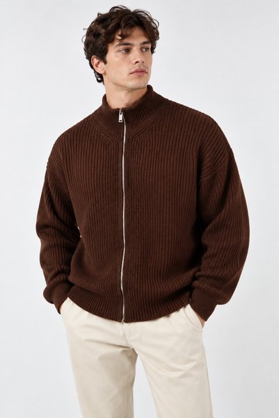 İLKCET MODA Fermuarlı Kahve Premium Selanik Örgü Oversize Hırka