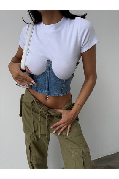 HerTon Top bustieră din denim albastru, cu fermoar, pentru femei