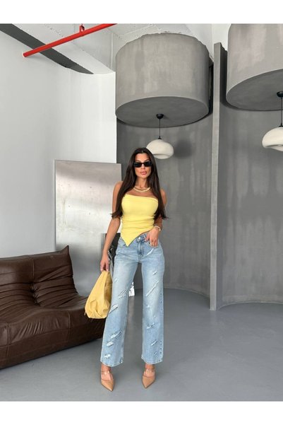 HerTon Kadın Yırtık Detaylı Straight Fit %100 Pamuk Jean Pantolon