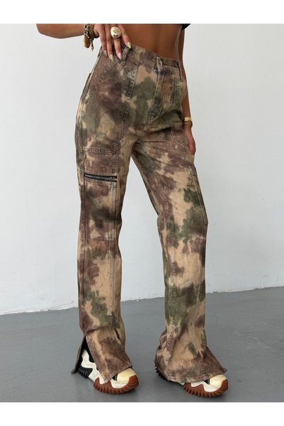 HerTon Yüksek Bel Batik Desenli Geniş Paça Jean