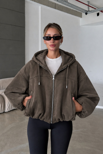 NET OF NOT Olivia ZR Model Kapüşonlu Oversize Bomber Kadın Haki Süet Deri Ceket