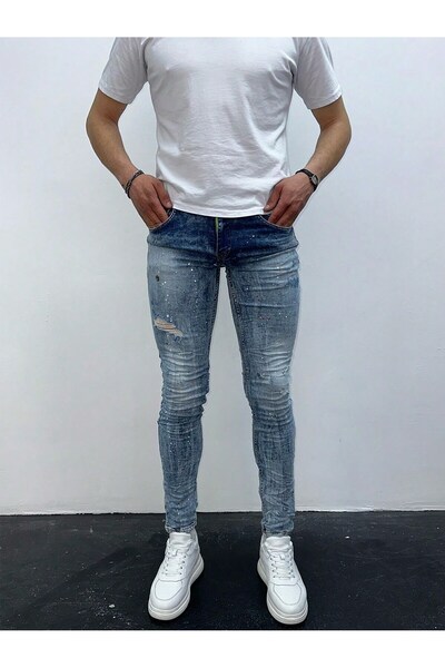HerTon Men's Light Blue Paint-Splattered Ripped Detail Slim Fit Skinny Jean T...