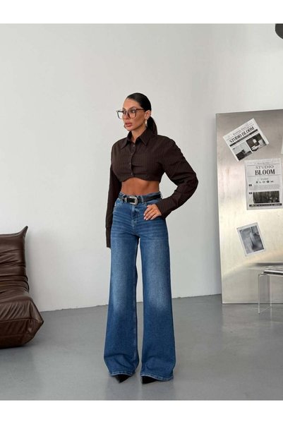 HerTon Yüksek Bel Geniş Paça Denim Jean Pantolon