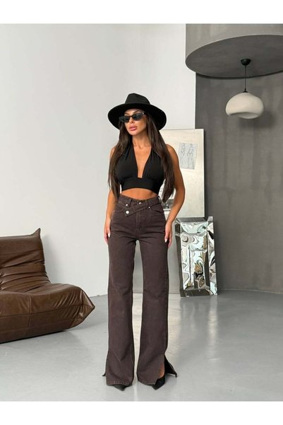 HerTon Dark Blue Asymmetrical Waist Detail Flare Jean