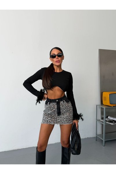 HerTon Fusta mini din denim cu model leopard și ciucuri la capătul fustei pentru femei