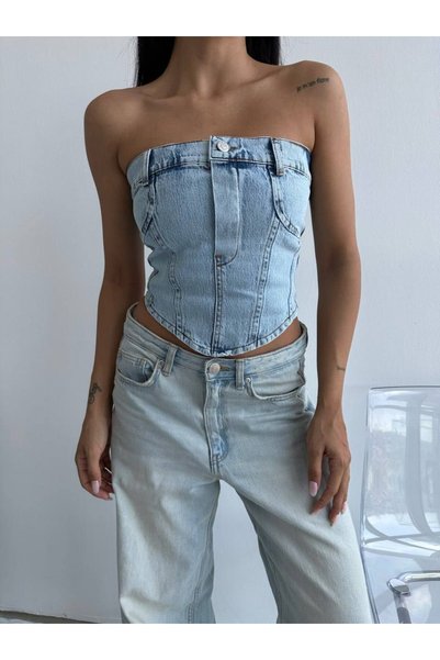 HerTon Bustieră din denim pentru femei, top tip corset, fără bretele, bustier...