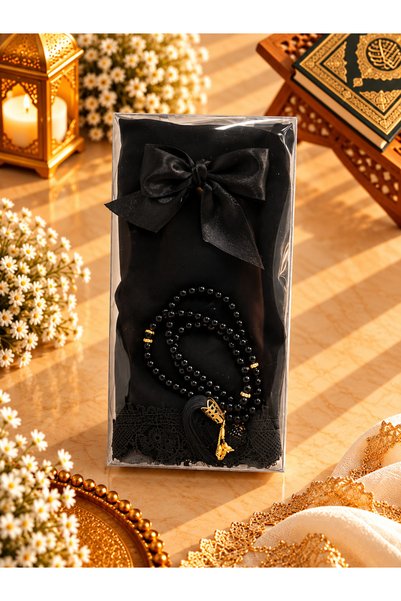 lenagiftworkshop Black Dowry, Gift, Bundle, Boxed Prayer Rug and Prayer Beads...