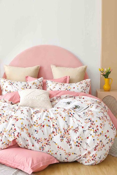 İQON Elastic Sheet Duvet Cover Set Double Size Botanical Salmon