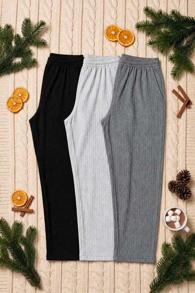 Pi Giyim Women's Corded Fabric Ribbed Knit Fabric 3-Piece Pajama Bottoms Pant...