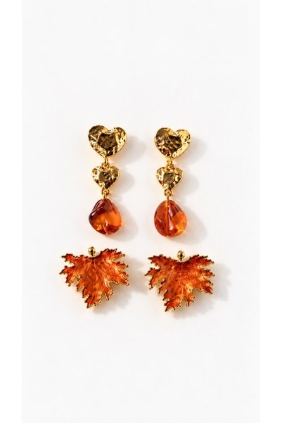 Ayzida Gold Double Heart Dangle Earrings Set with Honey Colored Glass Stones ...