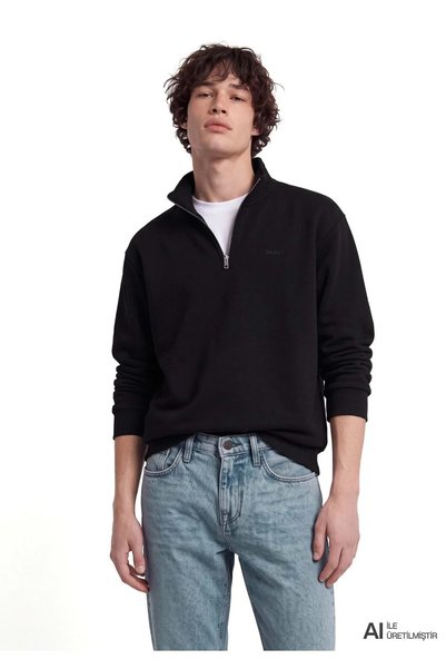 Mavi M0S10585 Logo Baskılı Yarı Fermuarlı Sweatshirt Erkek Sweatshirt SİYAH