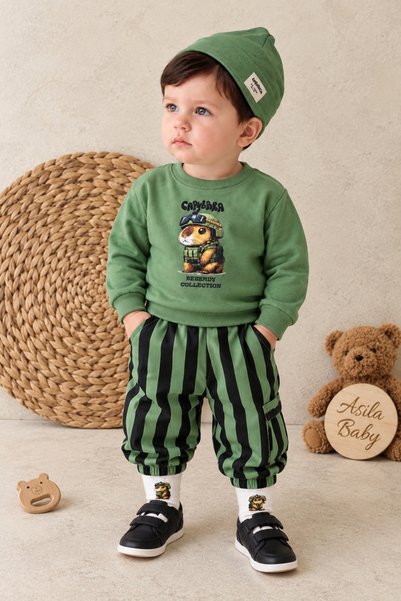 Asila Baby Capybara Printed Sweatshirt, Striped Oversize Pants with Pocket Detail, Printed Socks and Beret, 4-Piece Baby Boy Set