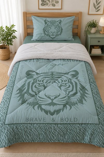 Evmila Green Tiger Patterned Single 160X220 cm Wellsoft Double-Sided Silicone...