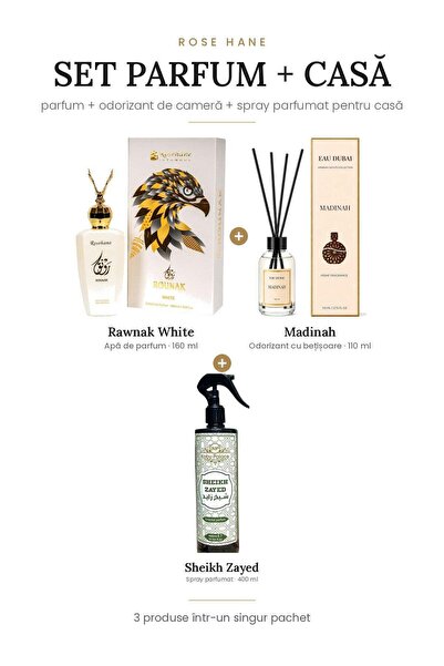 rosehane Set Parfum + Casă Rose Hane – Rawnak White + Madinah + Sheikh Zayed