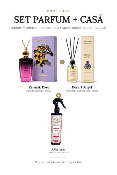 rosehane Set Parfum + Casă Rose Hane – Rawnak Rose + Desert Angel + Gharam