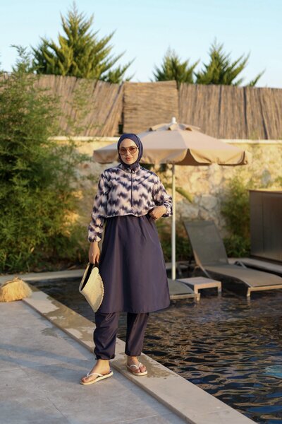 QANU Patterned Hijab Swimsuit Tunic Blue