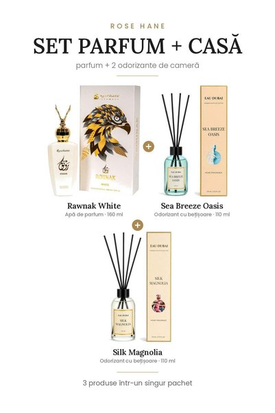rosehane Set Parfum + Casă Rose Hane – Rawnak White + Sea Breeze Oasis + Silk...