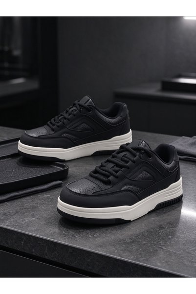MIXSNOW Men's Black White Color Block Sneakers, Lace Up Thick Platform Sole Casual Skate Shoes, Non Slip Fashion Street Footwear