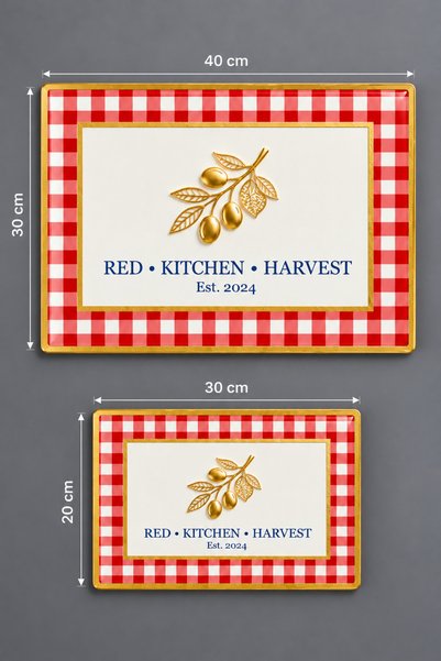 GÖKÇEOĞLU Glass Cutting Board with Modern Gold Accents and Red Gingham Theme - Glass Cutting Board |   20cm X 30cm