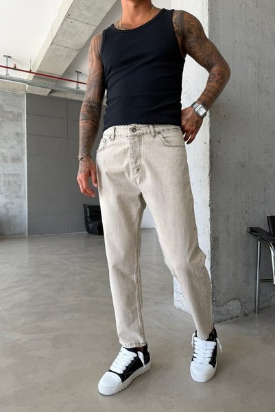 MADZEYMODA Pantaloni de blugi pentru bărbați, model Boyfriend, din denim, bej...
