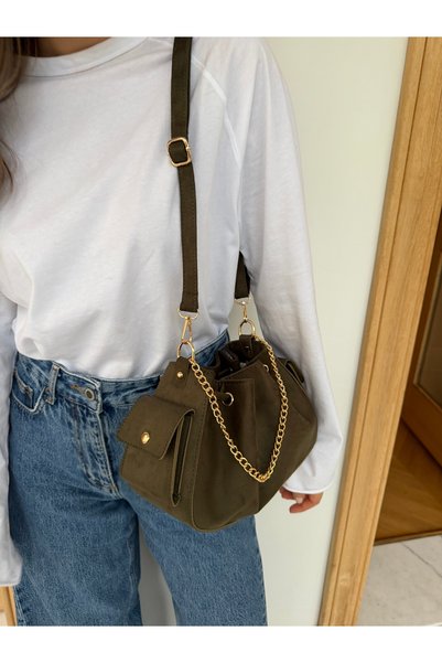 Tina İstanbul Suede Hand and Shoulder Bag with Side Pockets and Drawstring Closure