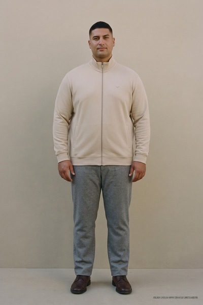 Maccali Cardigan pentru bărbați, mărime mare, casual, cu fermoar, bej, cu gul...