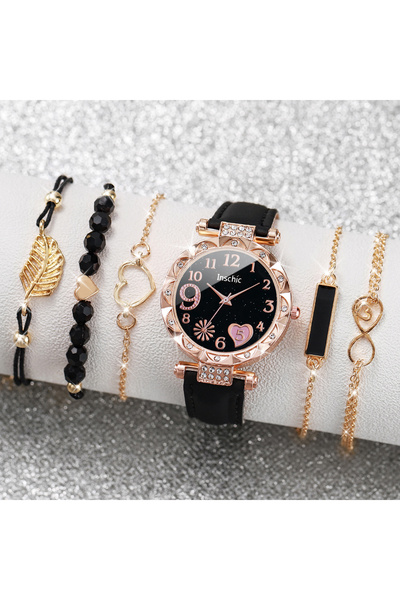 Choice black 6pcs set 6PCS/Set Women Watches Fashion Heart Dial Leather Band ...