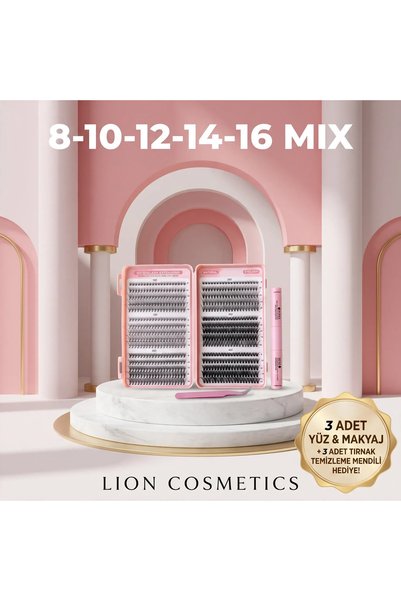 lion cosmetics 600 Adet 10D 20D 30D 40D Takma Kirpik Küme Seti HEDİYELİ Kitap 10-12-14-16 mm Mix Cımbız Yapıştırıcı Fırça dahil