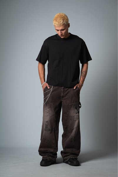 GRJ denim Black Tag Kahve Wide Leg Super Baggy Erkek Jean Pantolon