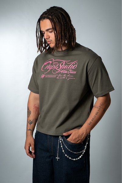 Crupt Studio Pink Pure Chaos Khaki Boxy Crop Men's T-Shirt