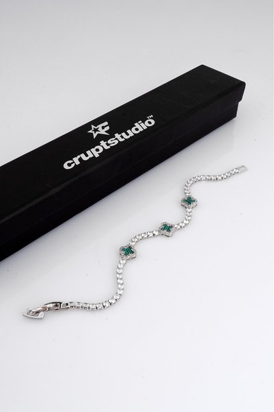Crupt Studio Royal Green Clover Crystal Tennis Erkek Yonca Bileklik